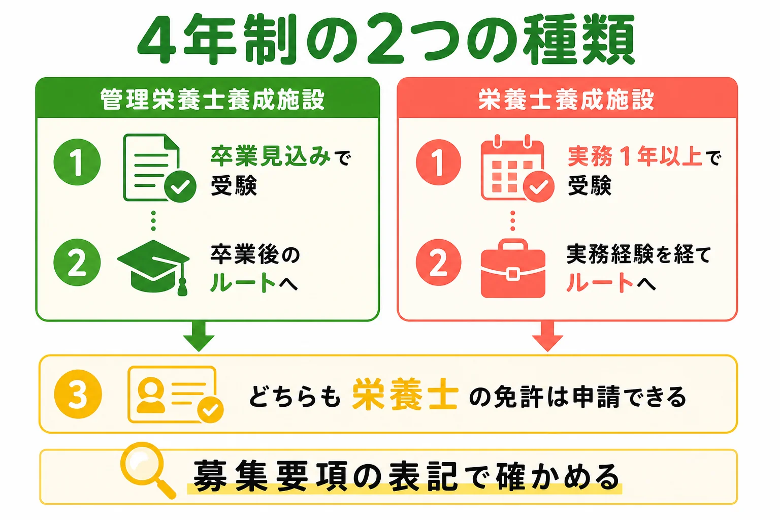 管理栄養士養成施設と栄養士養成施設の違いを卒業後のルートで比べた図解