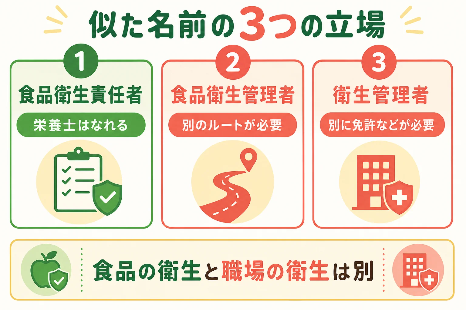 食品衛生責任者・食品衛生管理者・衛生管理者の違いと栄養士の資格との関係を比べた図解