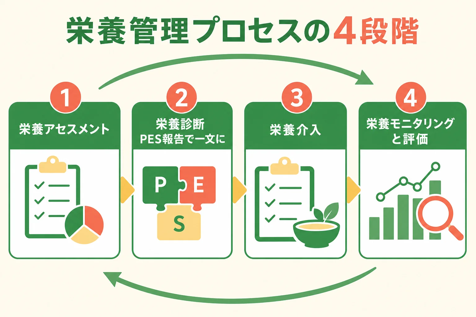 栄養管理プロセスの4段階の流れを示した図解