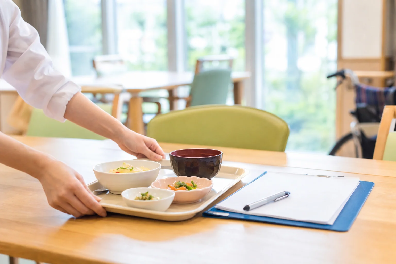 介護施設の食事の時間に管理栄養士が食べた量を記録する場面のイメージ写真