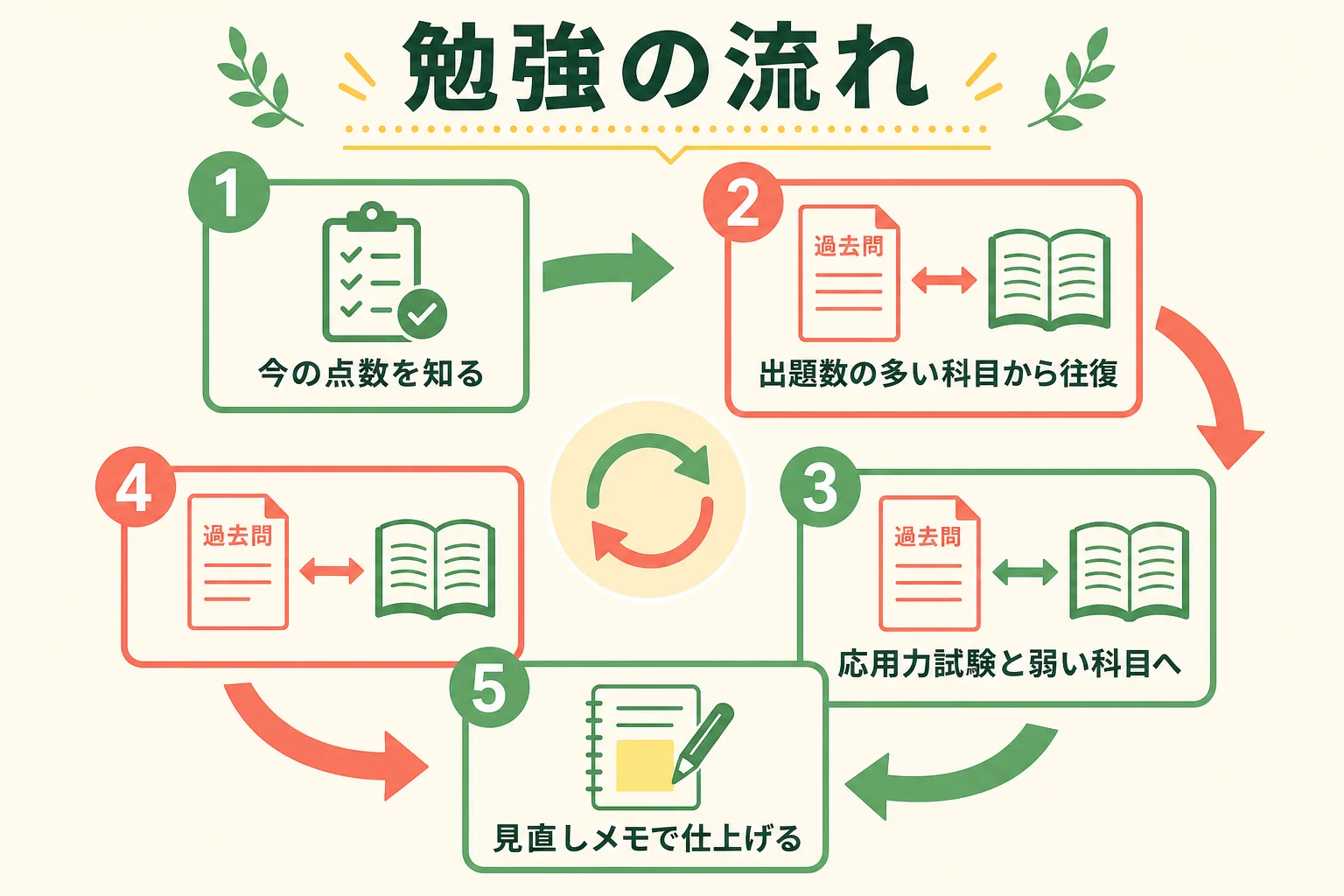 管理栄養士国家試験の勉強の流れを4つの段階で示した図解