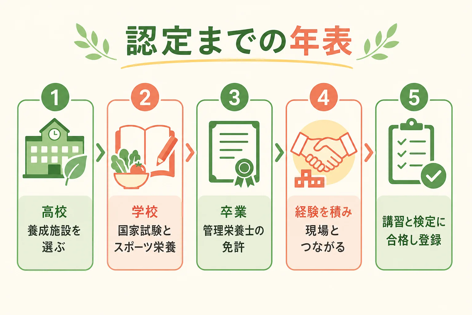 管理栄養士の免許を取ってから公認スポーツ栄養士に認定されるまでの年表の図解