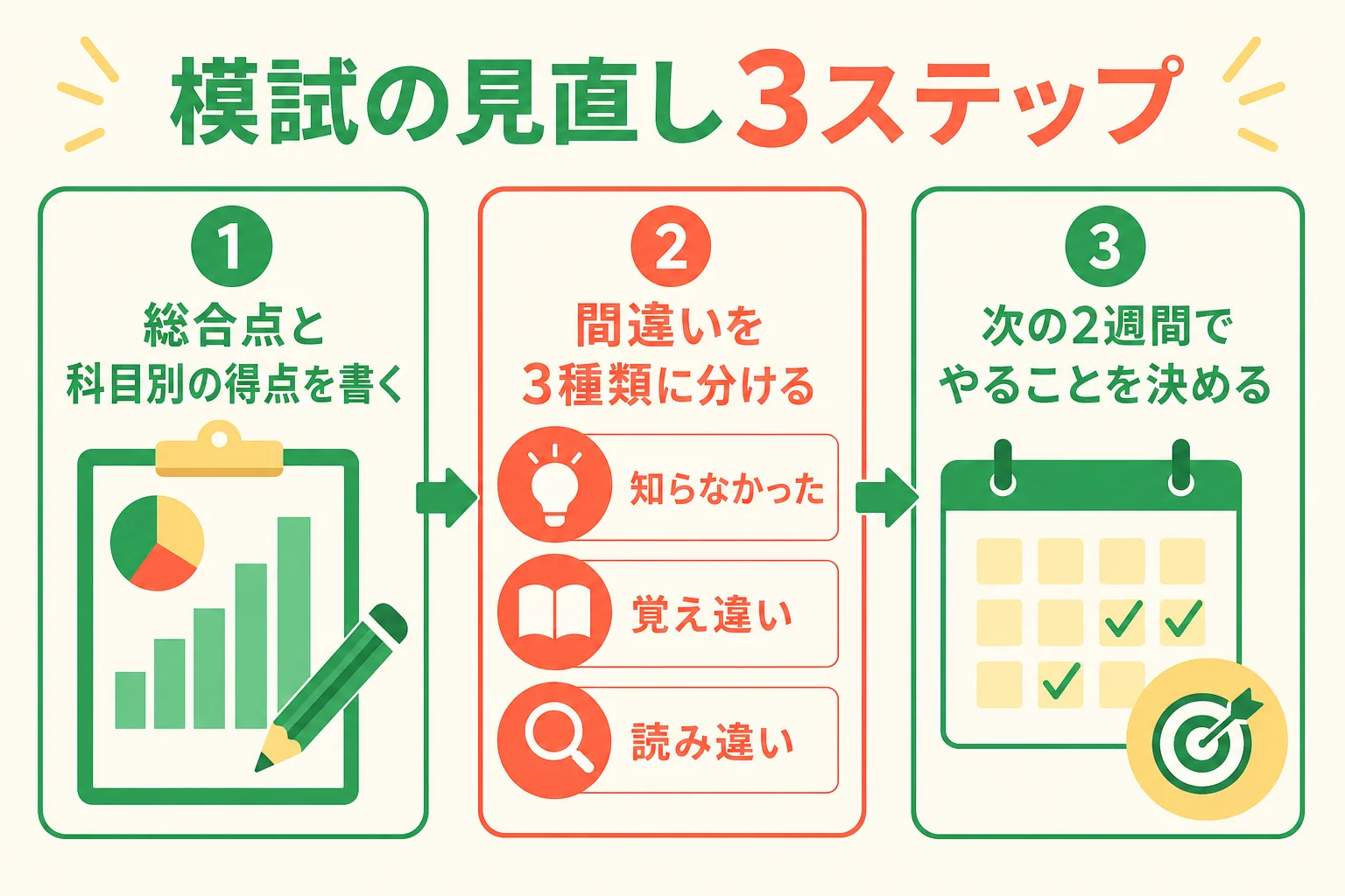 模試の結果を見直す3ステップの図解