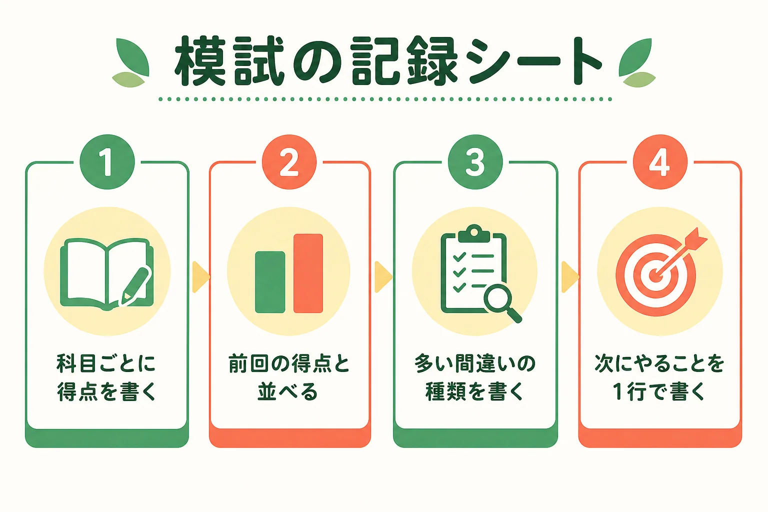 模試の記録シートで科目ごとの得点と間違いの種類を残すイメージの図解