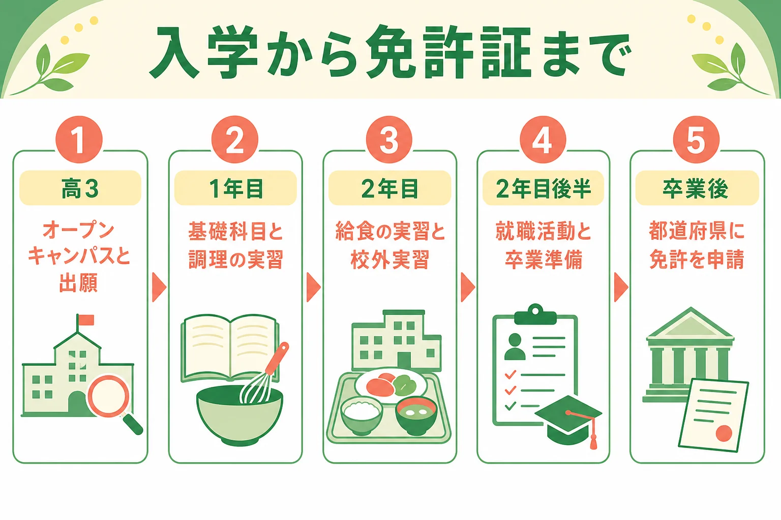 高校卒業から栄養士免許証が届くまでの流れを時期ごとに並べた図解