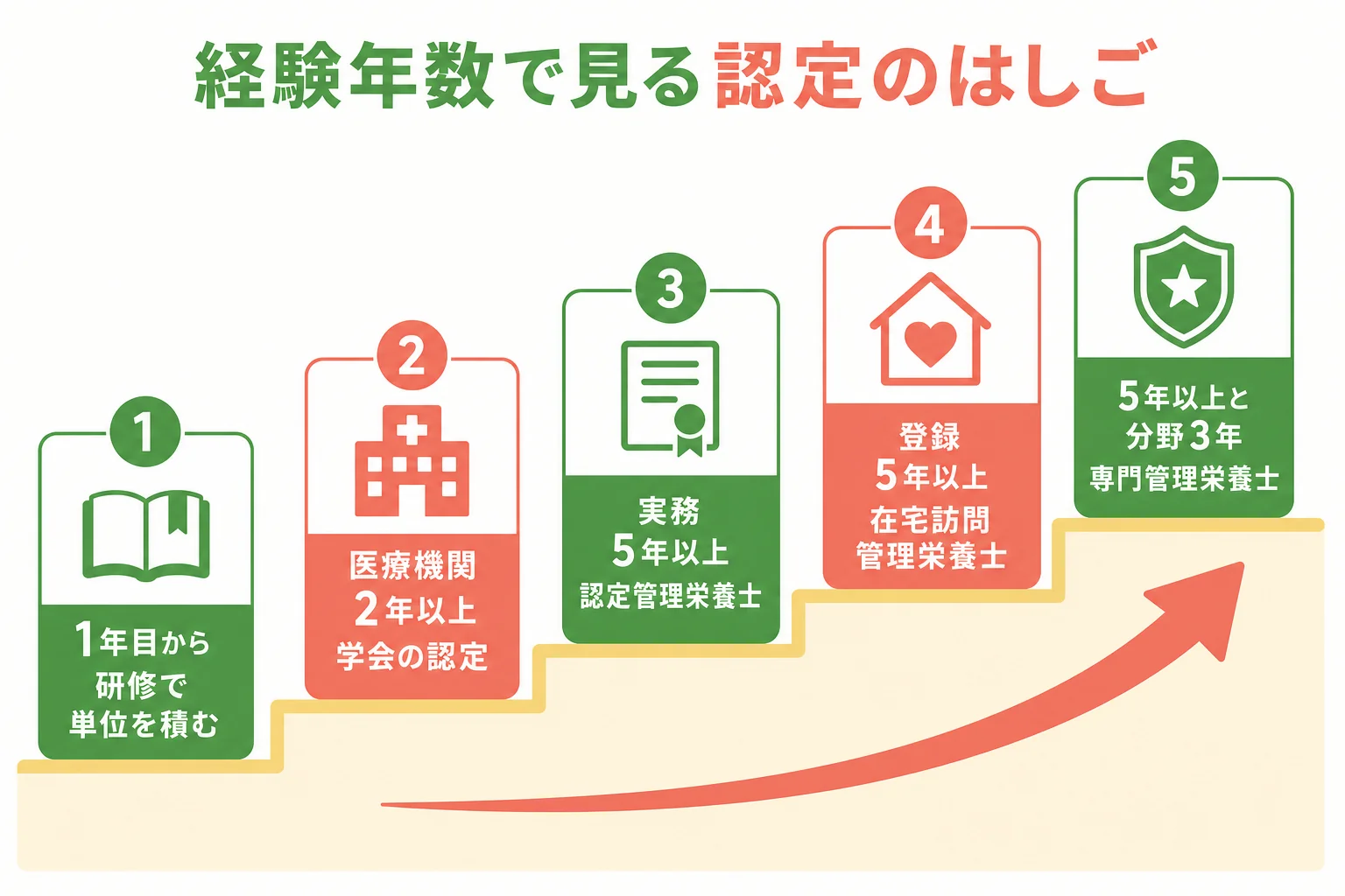 経験年数ごとに目指せる認定の段階をはしごの形で示した図解