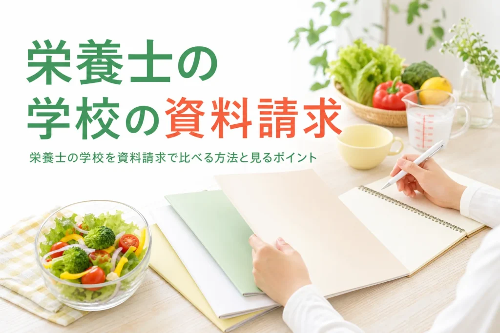 栄養士の学校を資料請求で比べる方法と見るポイントを解説する記事のアイキャッチ