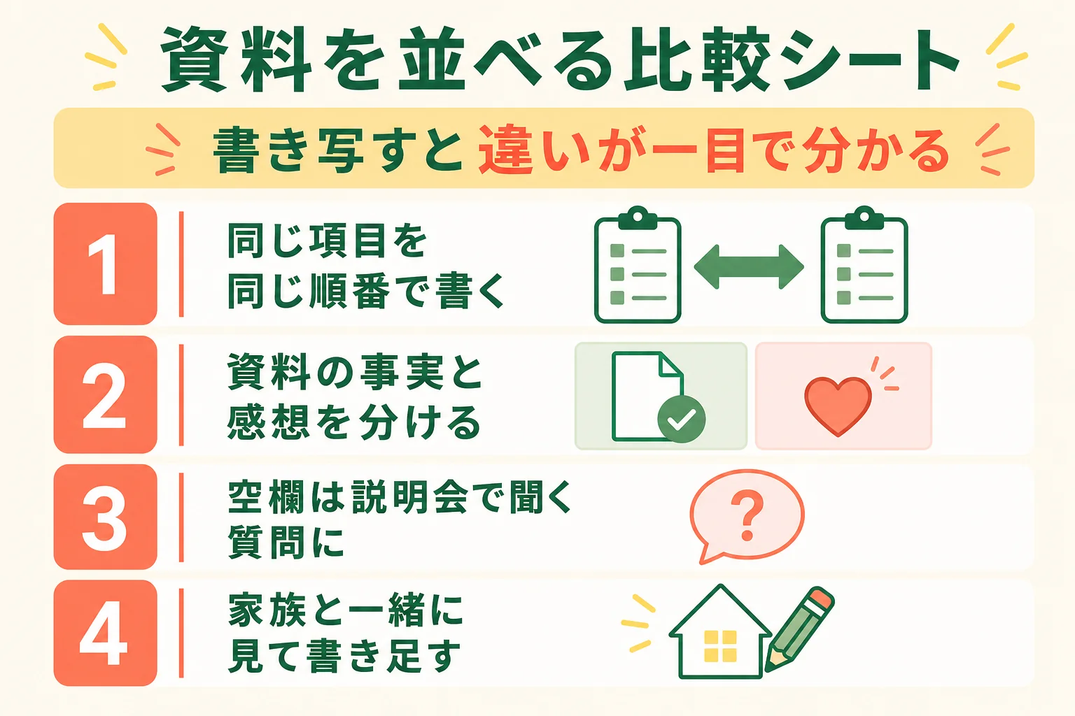 届いた学校の資料を養成施設の種類や実習などの項目で並べる比較シートの図解