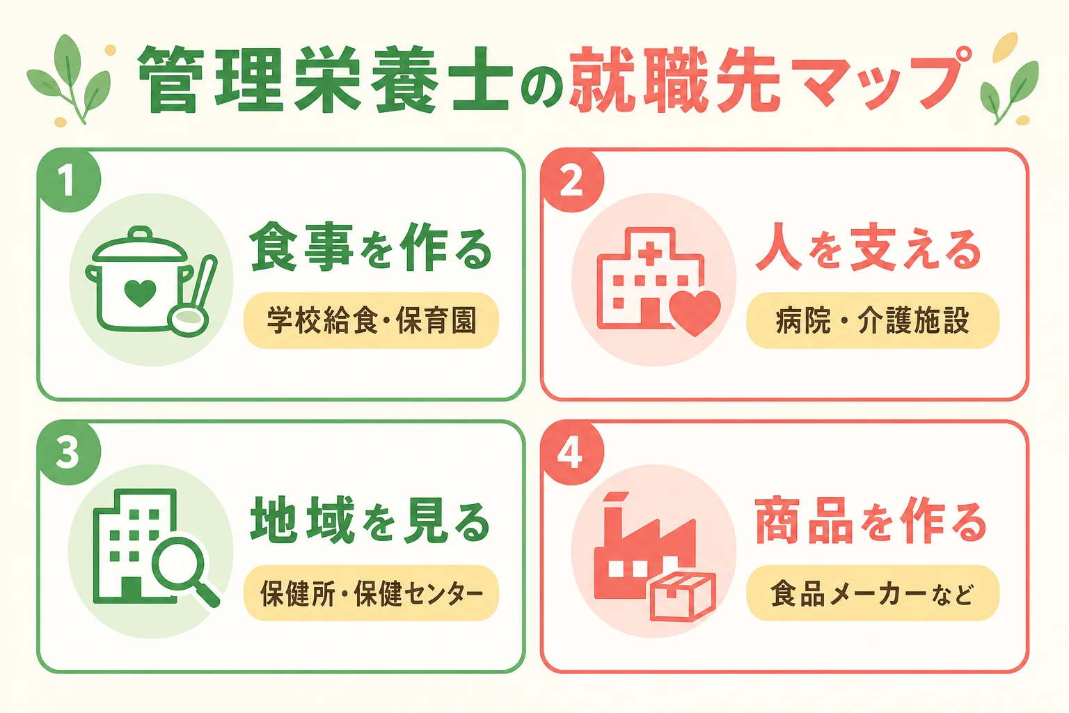 管理栄養士・栄養士の就職先を4つのグループに分けた就職先マップの図解