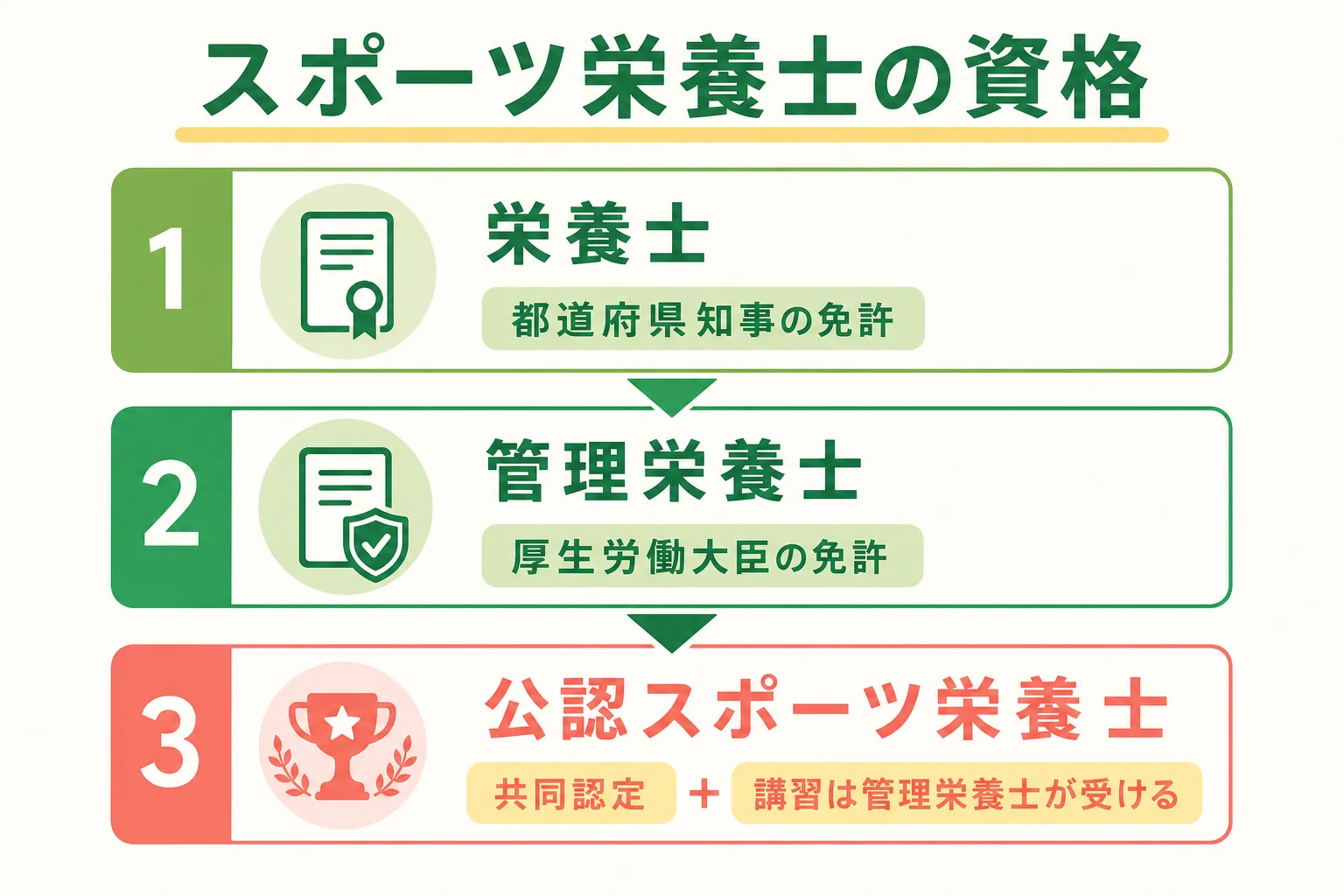 スポーツ栄養士の資格の位置づけを栄養士・管理栄養士・公認スポーツ栄養士の3段で示した図解