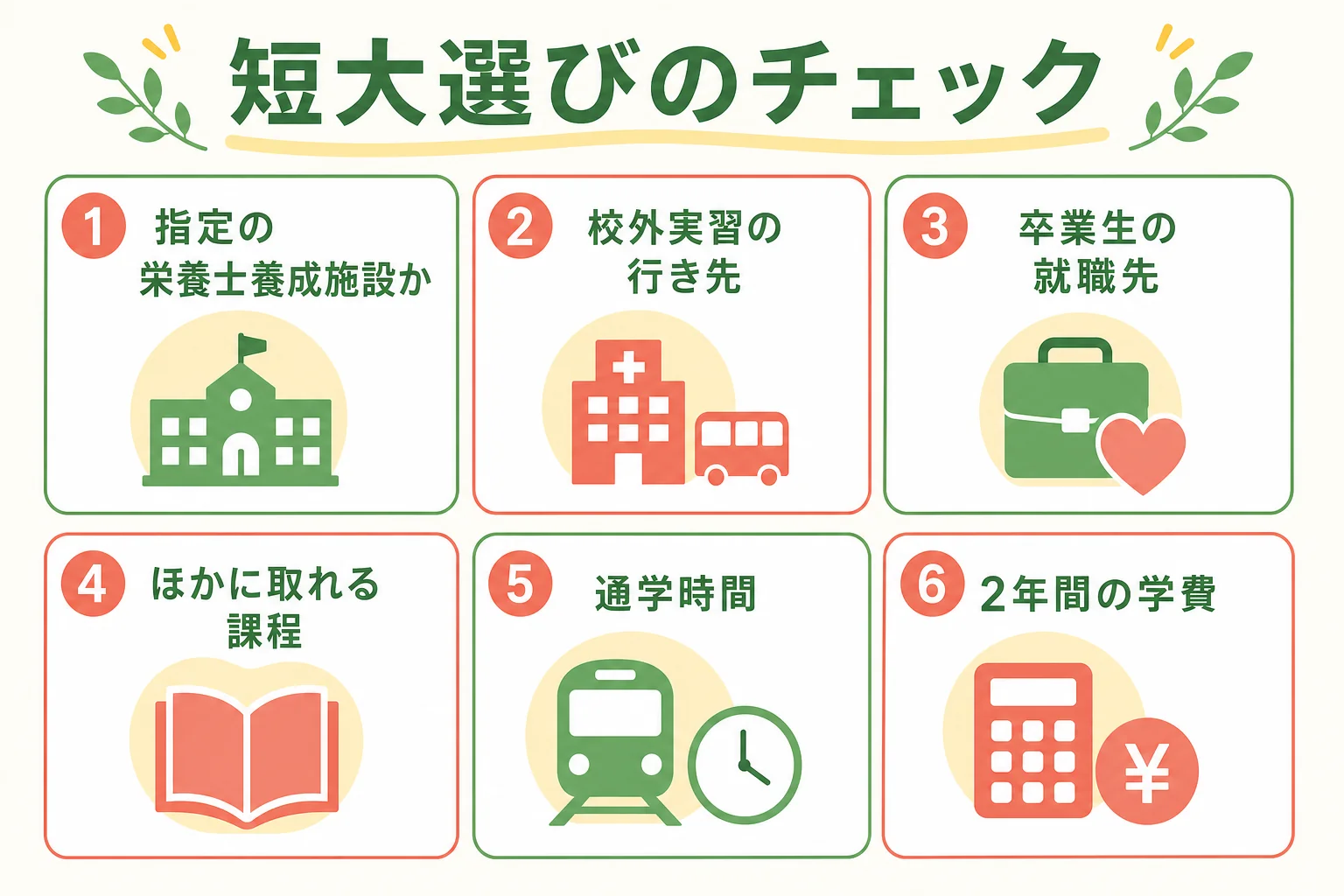 栄養士短大を選ぶ時に確かめたい項目をまとめた図解