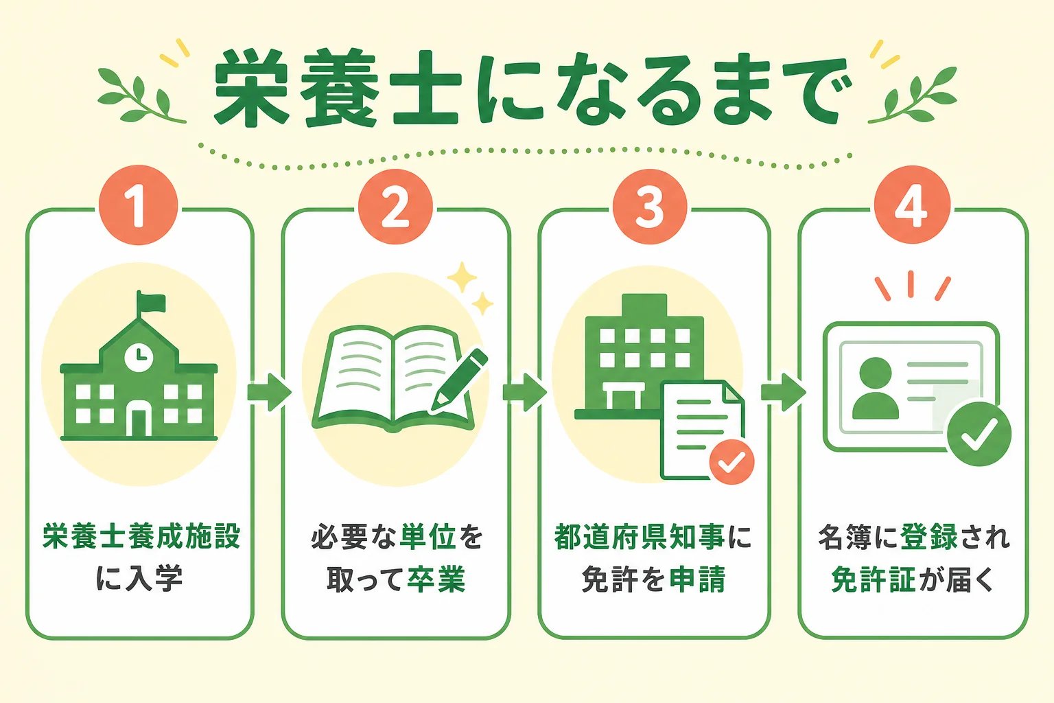 栄養士の資格を取るまでの流れを4つの手順で示した図解