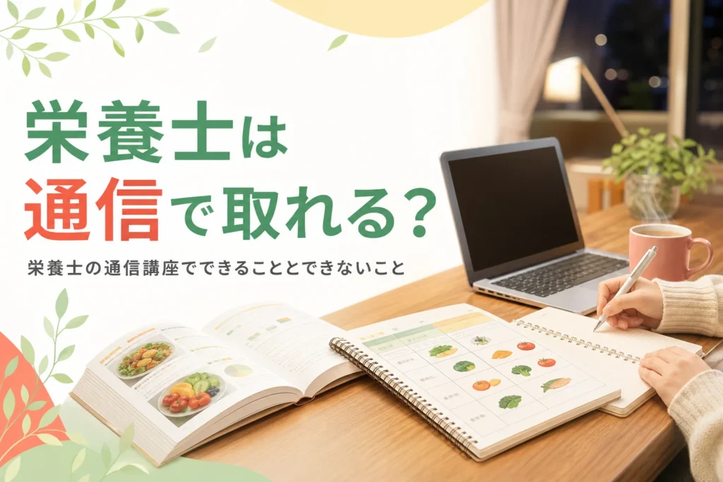 栄養士の資格は通信で取れるのかと通信講座でできることを解説する記事のアイキャッチ